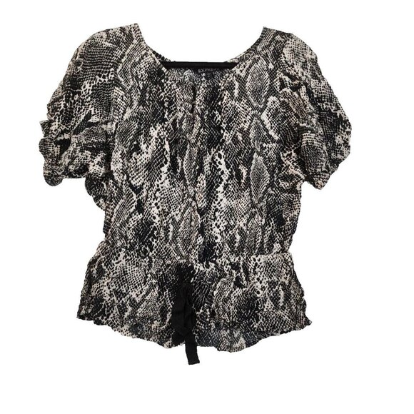 Express Tops - Express Womens S Black Snake Print Short Puff Sleeve Round Neck Tie Front Blouse